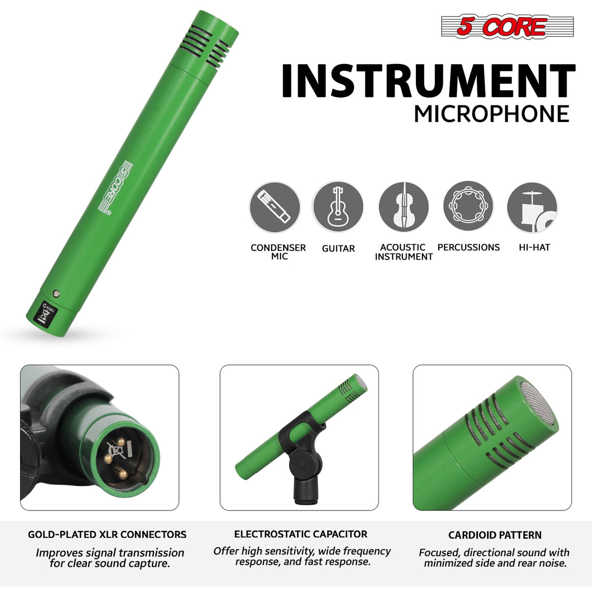 5 Core Drum Microphone Kit 9Pc All Metal Drummer Mics Tom/Snare & Cymbals Wired Instrument Drums Set