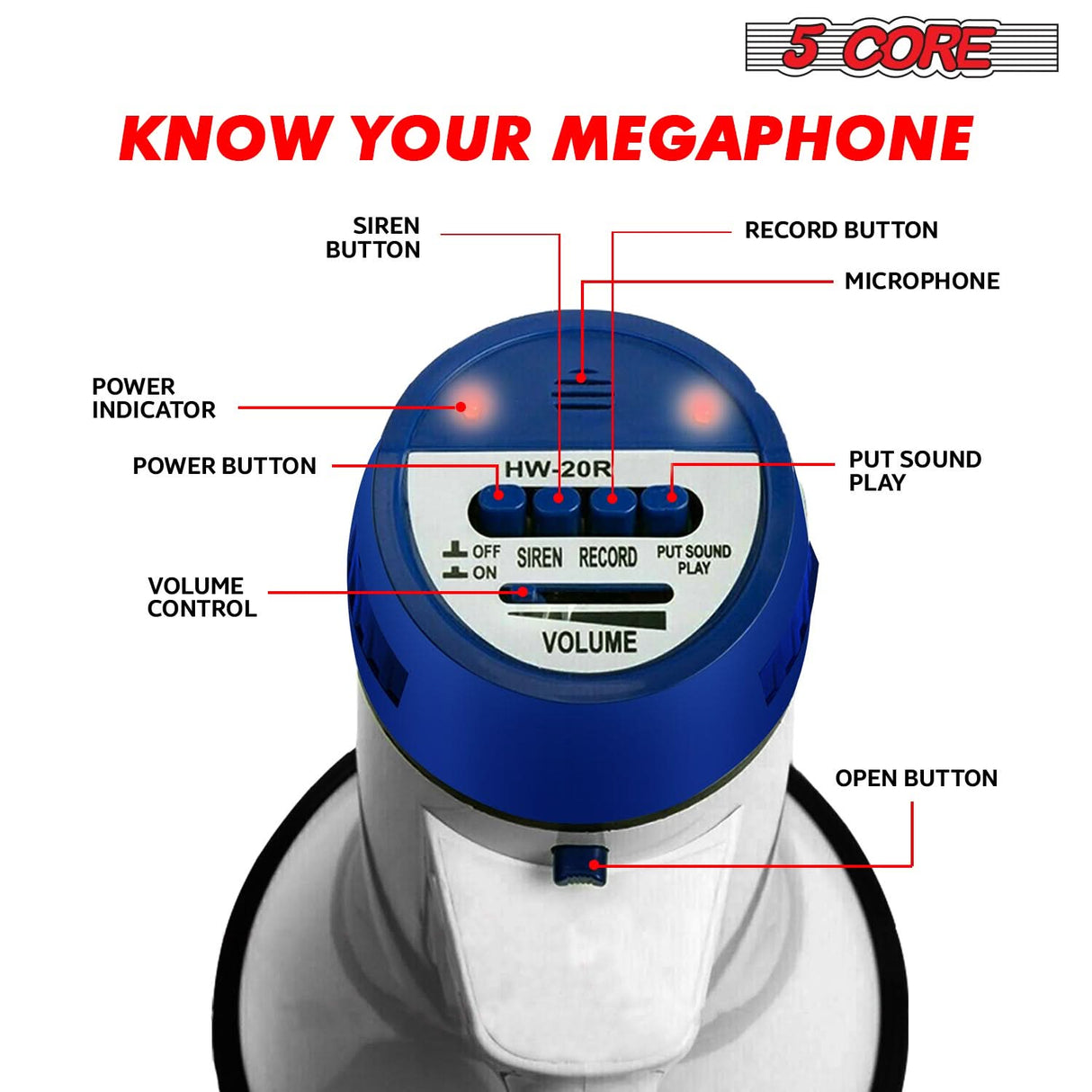 5 Core Megaphone 20W Bull Horn PA Speaker w 300 Yards Range Loud Siren Voice Amp Portable Megafono