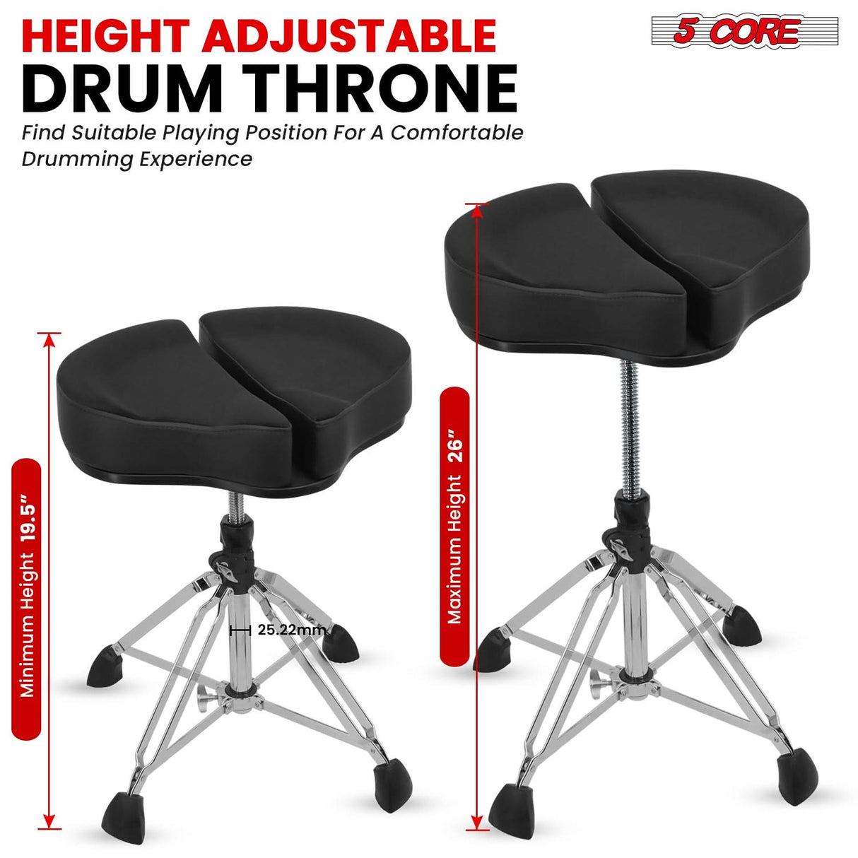 5 Core Drum Throne 5" Padded Split Spine Support 4 Legged 441Lb Capacity Drummer Stool