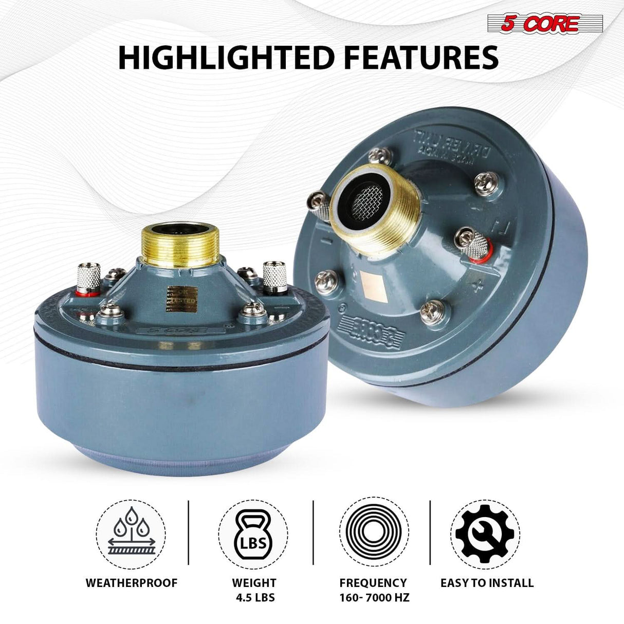 5 Core Compression Driver 2" Horn Tweeter 600W Titanium Diaphragm 16 Ohms 18 TPI All Weather Use