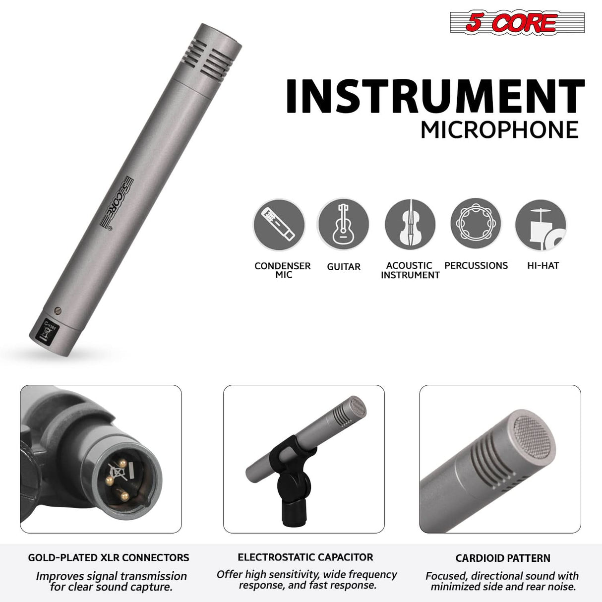 5 Core Drum Microphone Kit 7Pc All Metal Drummer Mics Tom/Snare & Cymbals Wired Instrument Drums Set