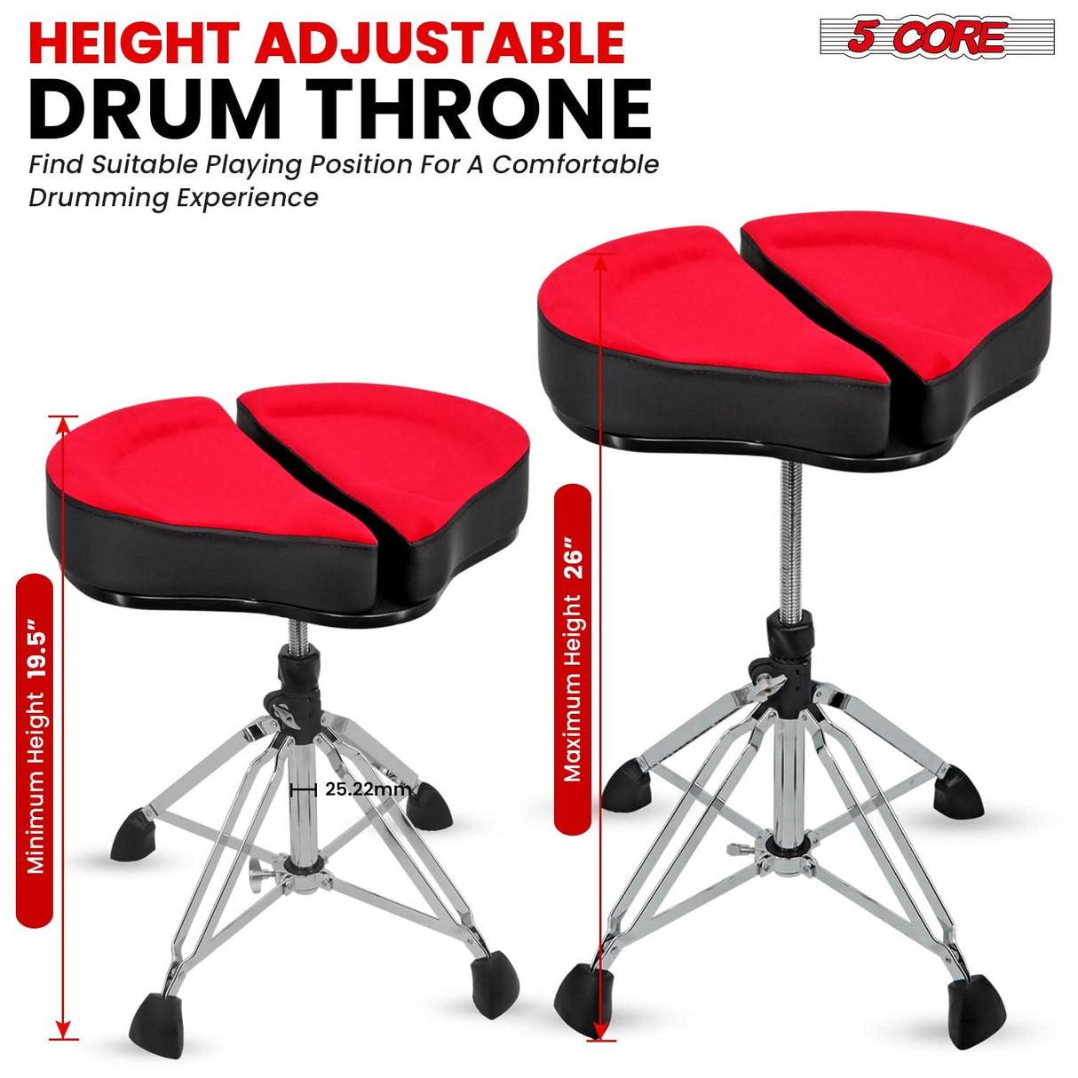 5 Core Drum Throne 5" Padded Split Spine Support 4 Legged 441Lb Capacity Drummer Stool