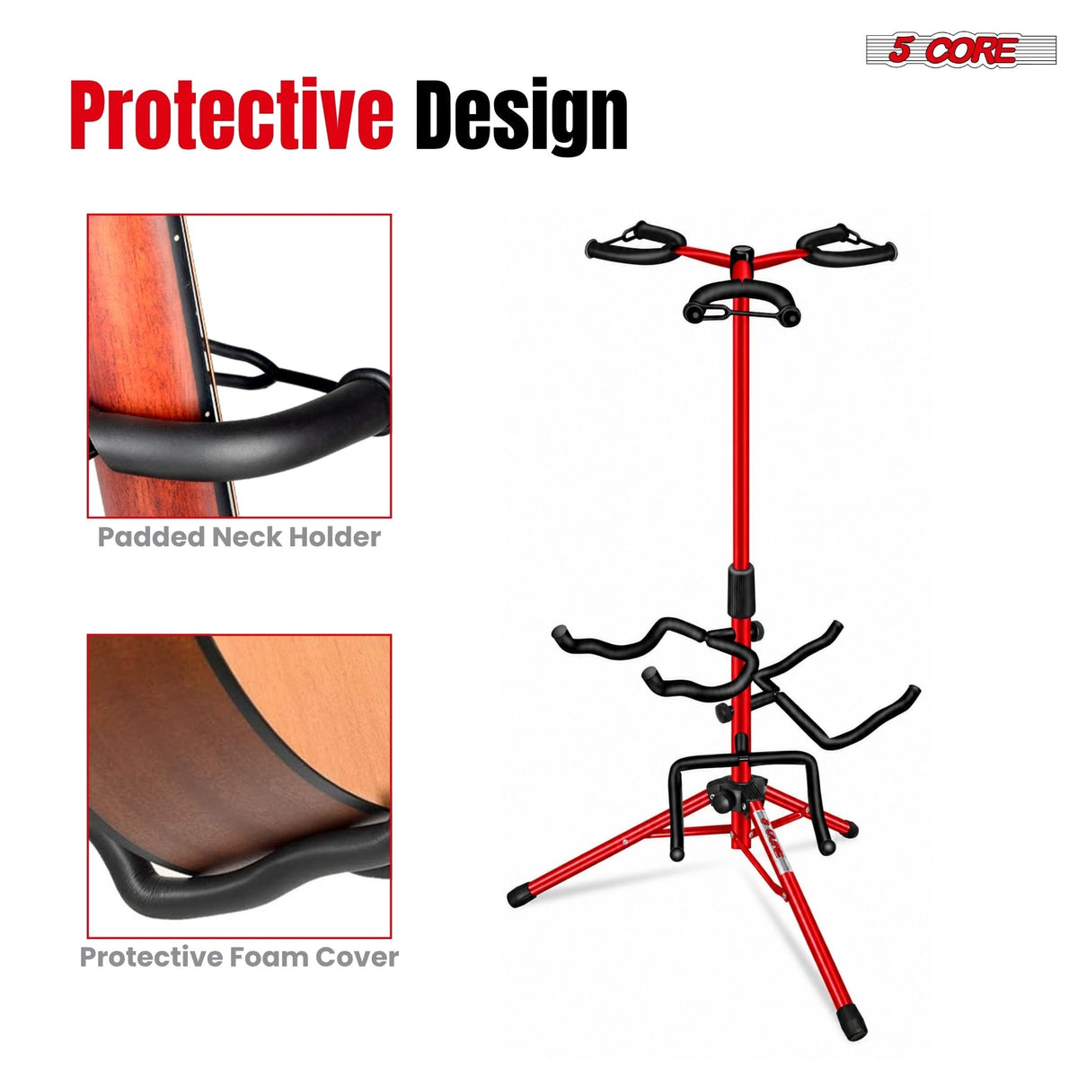 5CORE Triple Guitar Stand Floor Adjustbale for Acoustic/ Electric/ Bass/ Banjo