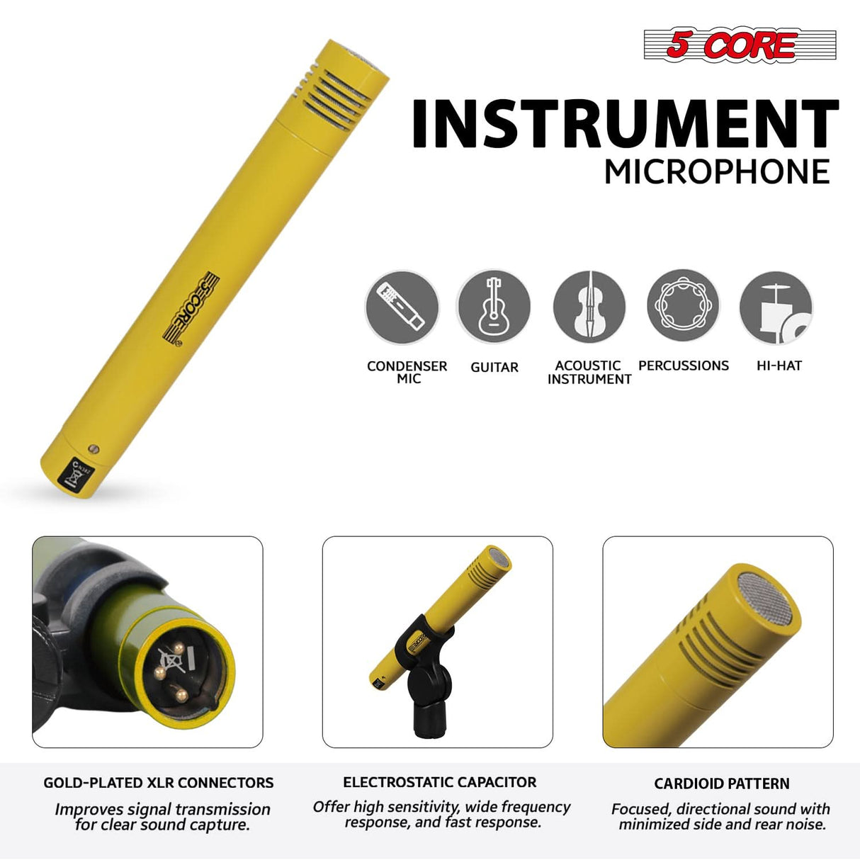 5 Core Drum Microphone Kit 7Pc All Metal Drummer Mics Tom/Snare & Cymbals Wired Instrument Drums Set
