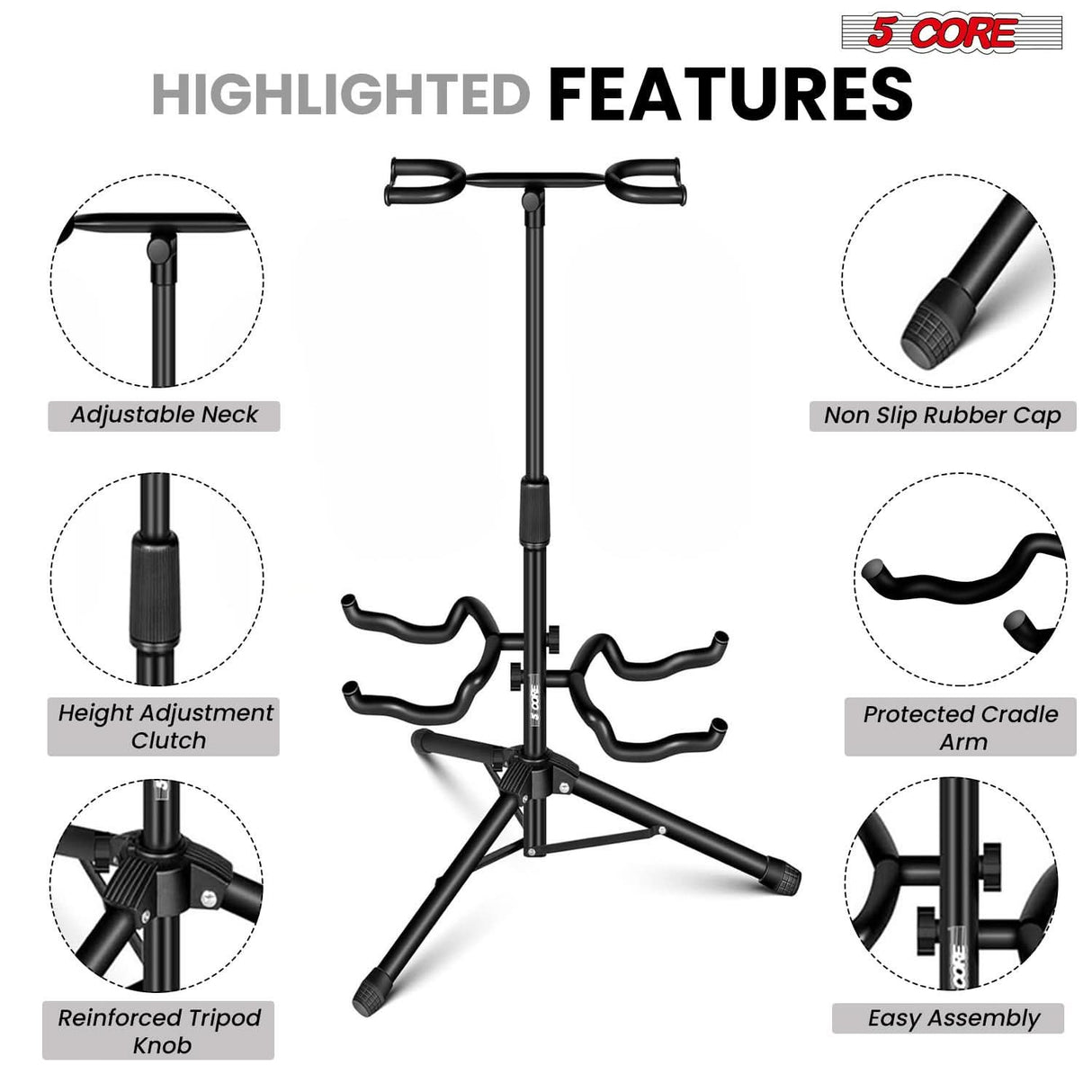 5 Core Guitar Stand Adjustable Double Guitars Stands Floor w Neck Holder for Acoustic Electric Bass