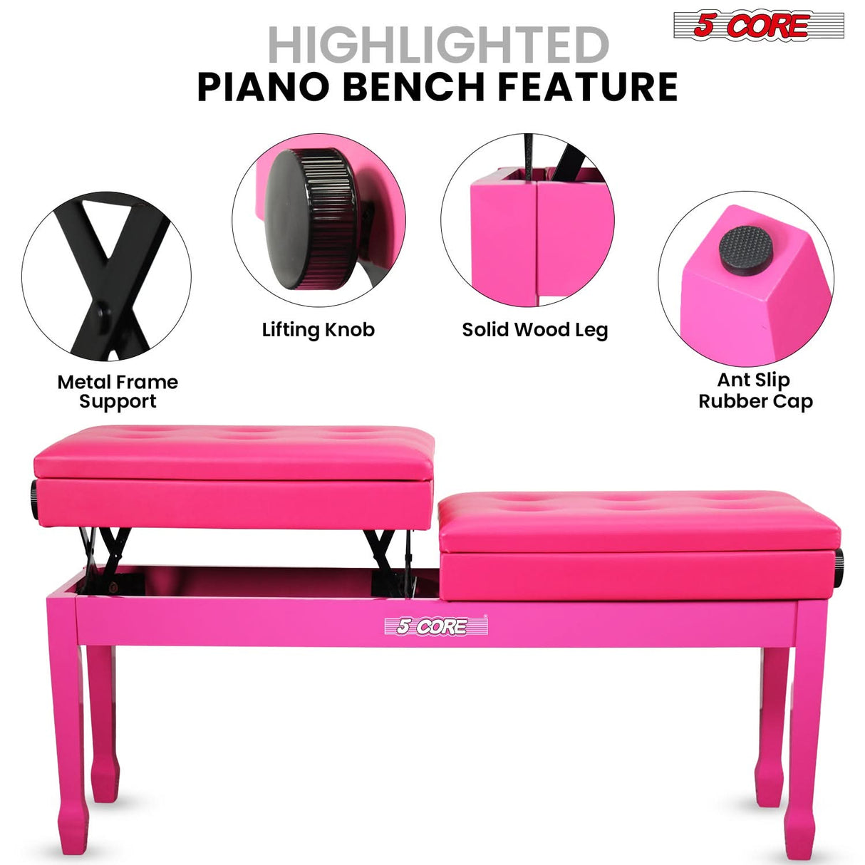5 Core Duet Piano Bench 3.5 Inch Padded Cushioned Stool Wooden Heavy Duty Musician Chair w Storage