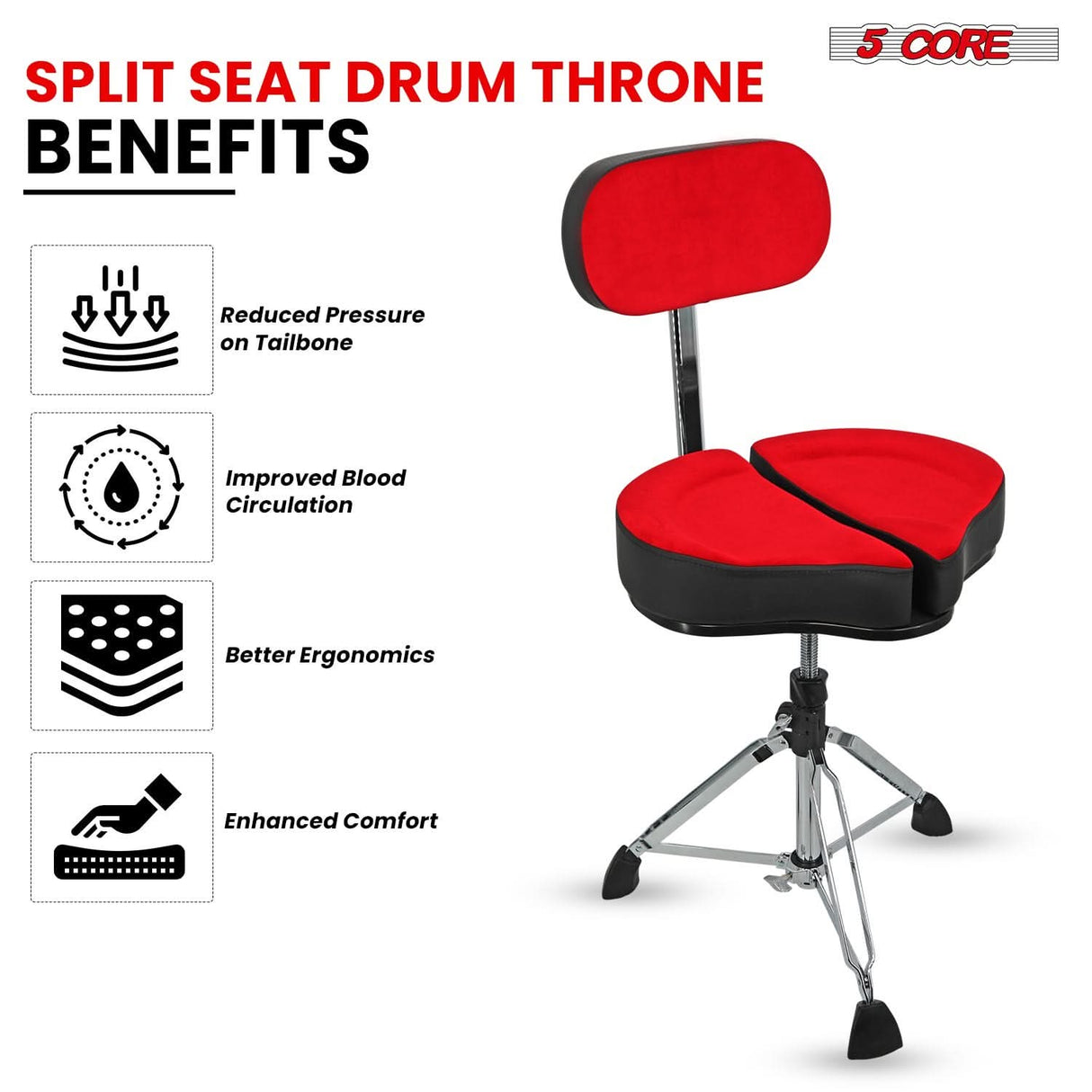 5Core Drum Throne Padded Guitar Stool Backrest Drummer Seat for Adults & Kids