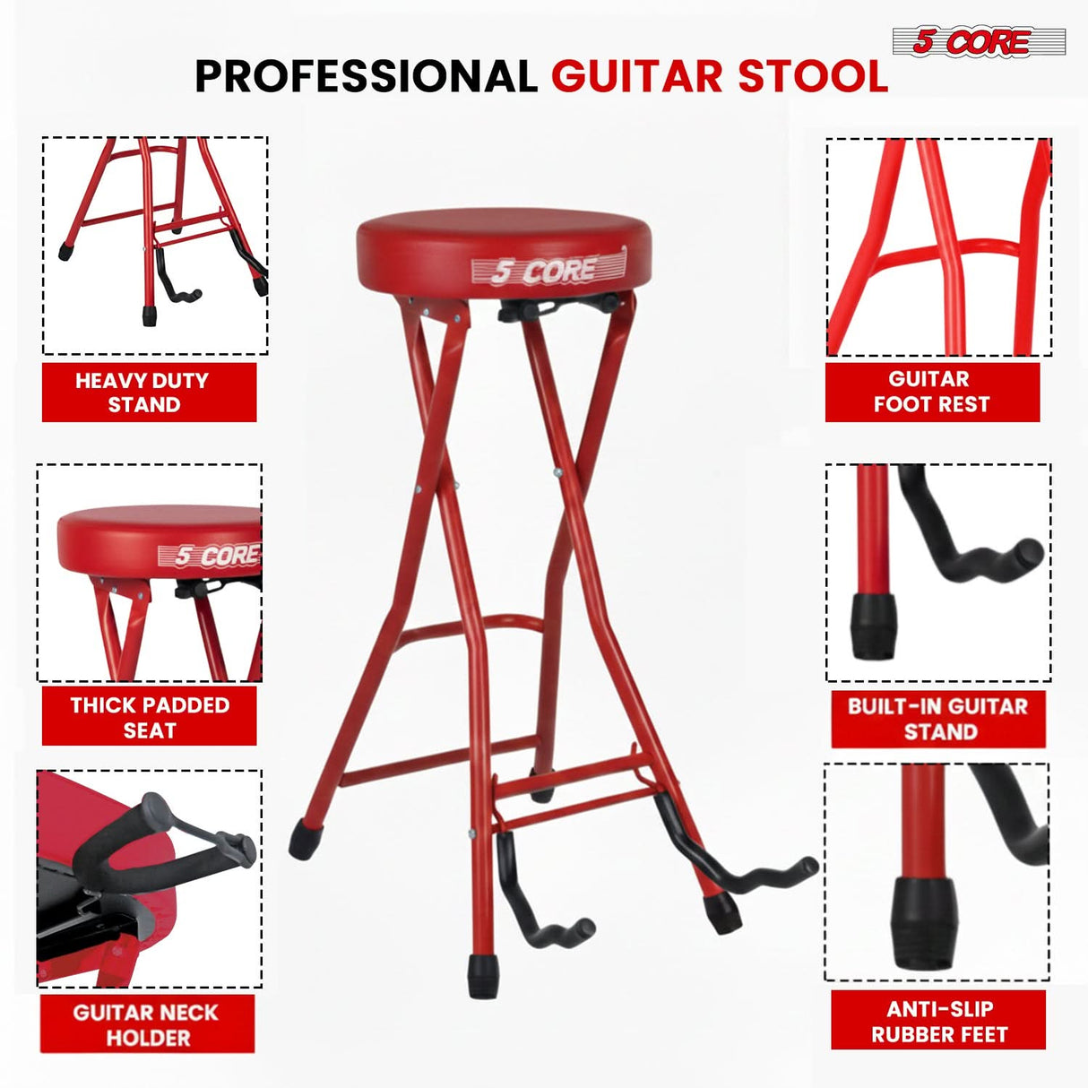 5Core Guitar Stool 3.15" Padded Chair Foldable Heavy Duty Music Seat Built in Foot Rest Guitar Stand