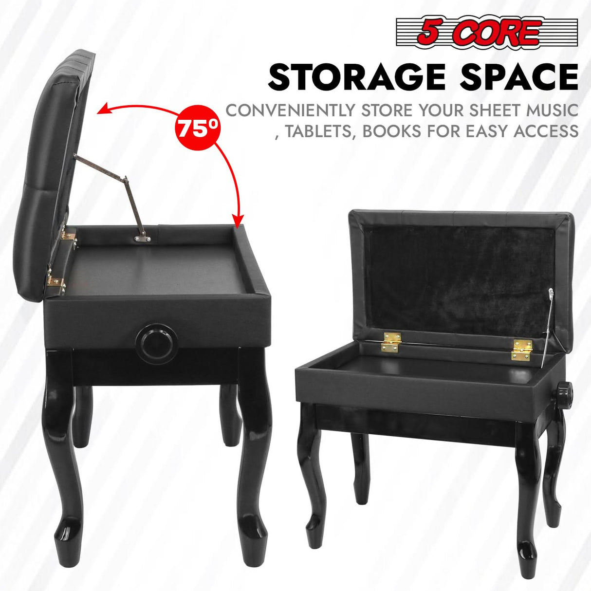 5 Core Piano Bench 3" Padded Cushioned Stool Wooden Heavy Duty Adjustable Musician Chair w Storage