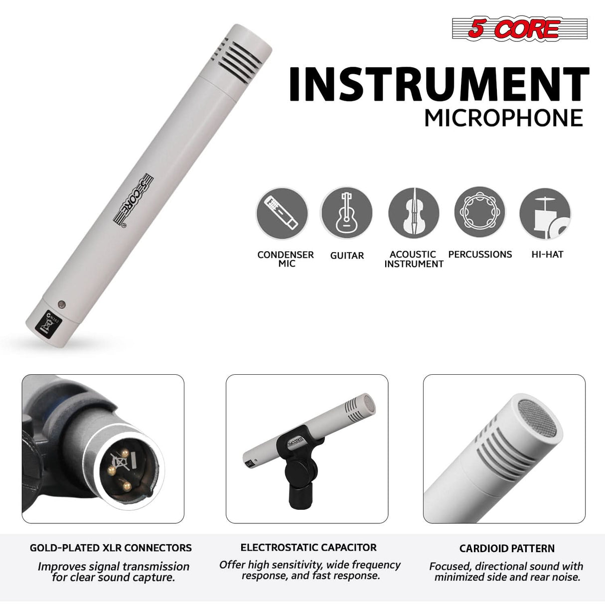 5 Core Drum Microphone Kit 7Pc All Metal Drummer Mics Tom/Snare & Cymbals Wired Instrument Drums Set