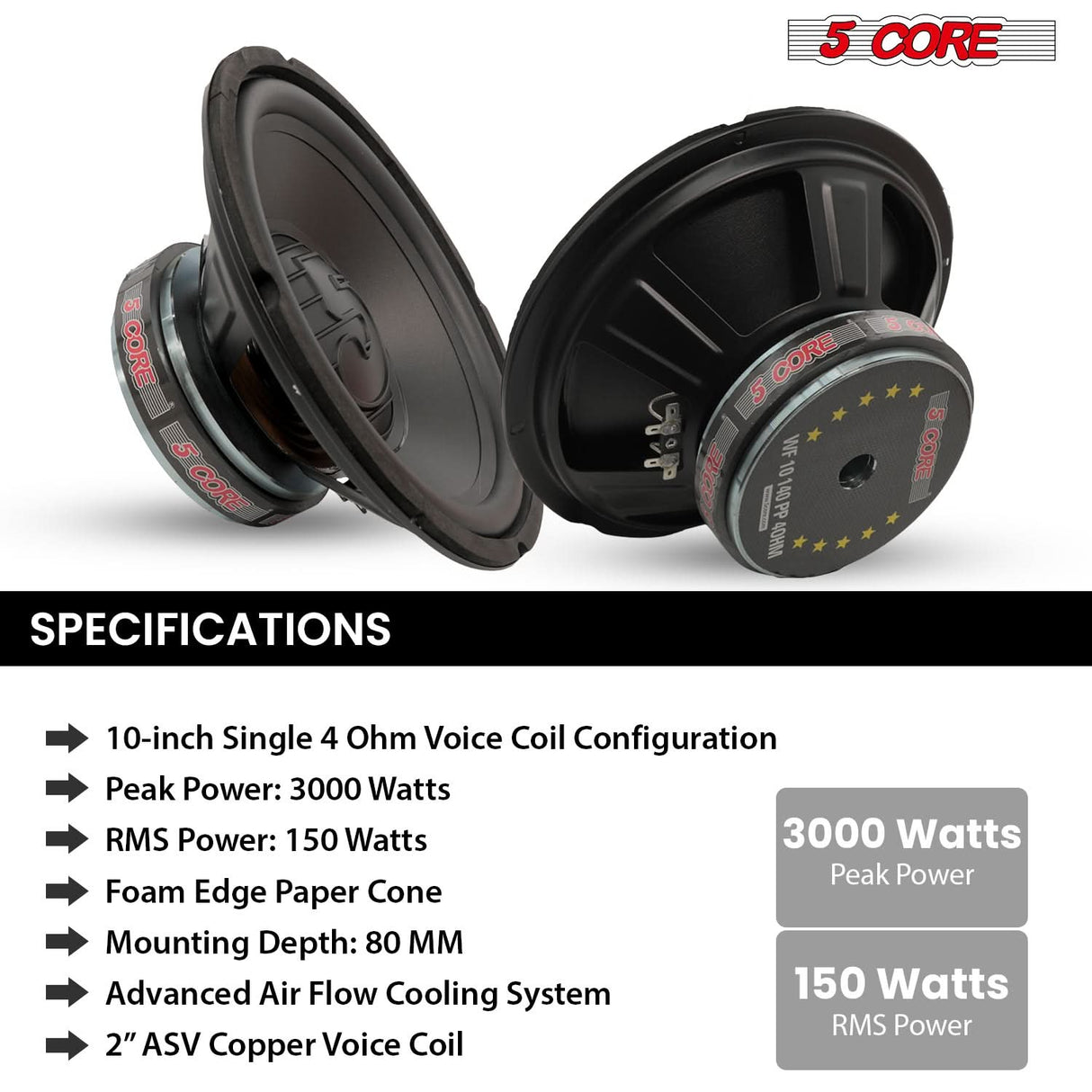 5 Core Car Subwoofer 10" 3000W Pro Audio Deep Bass Component Sub Woofer 4Ohm Replacement Speaker