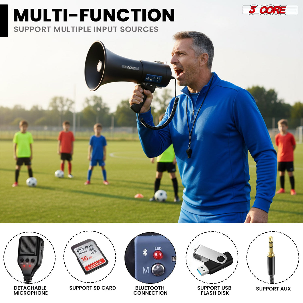 5 Core Megaphone 50W Bluetooth Rechargeable Bullhorn 1100 Yards Loud Siren for Soccer Baseball Coach