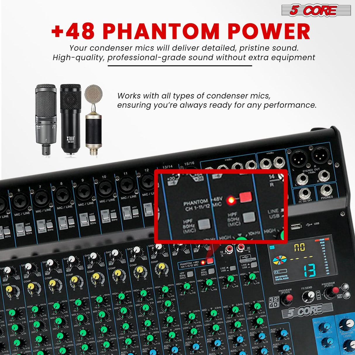 5 Core Audio Mixer 20 Channel DJ Soundboard USB Interface Bluetooth Mixing Console w 24 SPX Effect