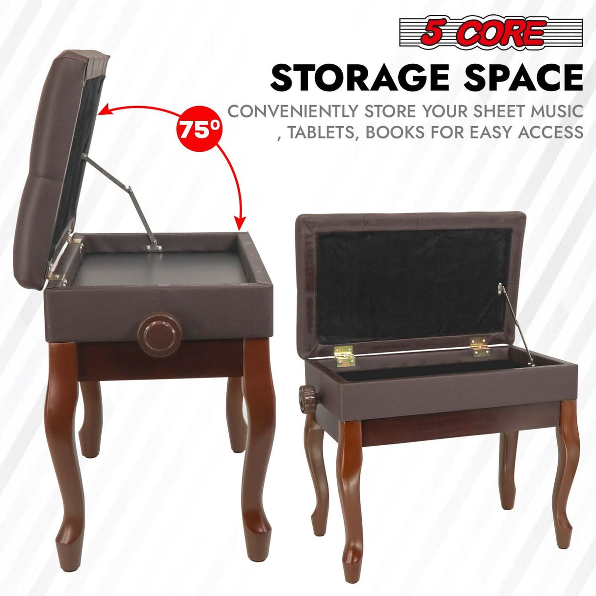 5 Core Piano Bench 3" Padded Cushioned Stool Wooden Heavy Duty Adjustable Musician Chair w Storage