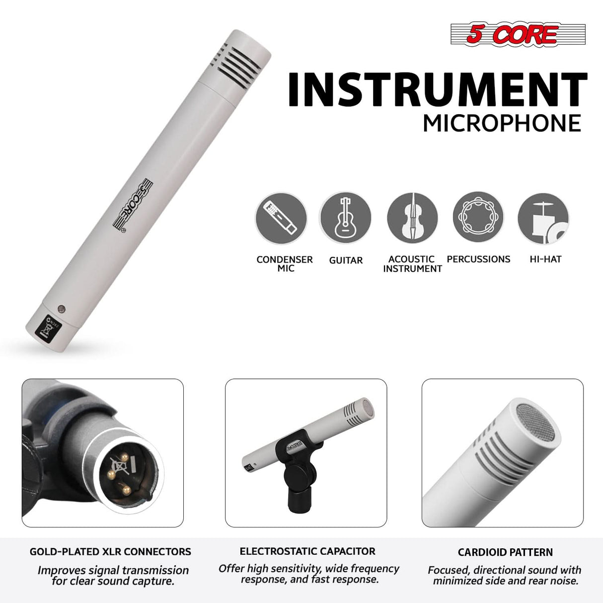 5 Core Drum Microphone Kit 9Pc All Metal Drummer Mics Tom/Snare & Cymbals Wired Instrument Drums Set