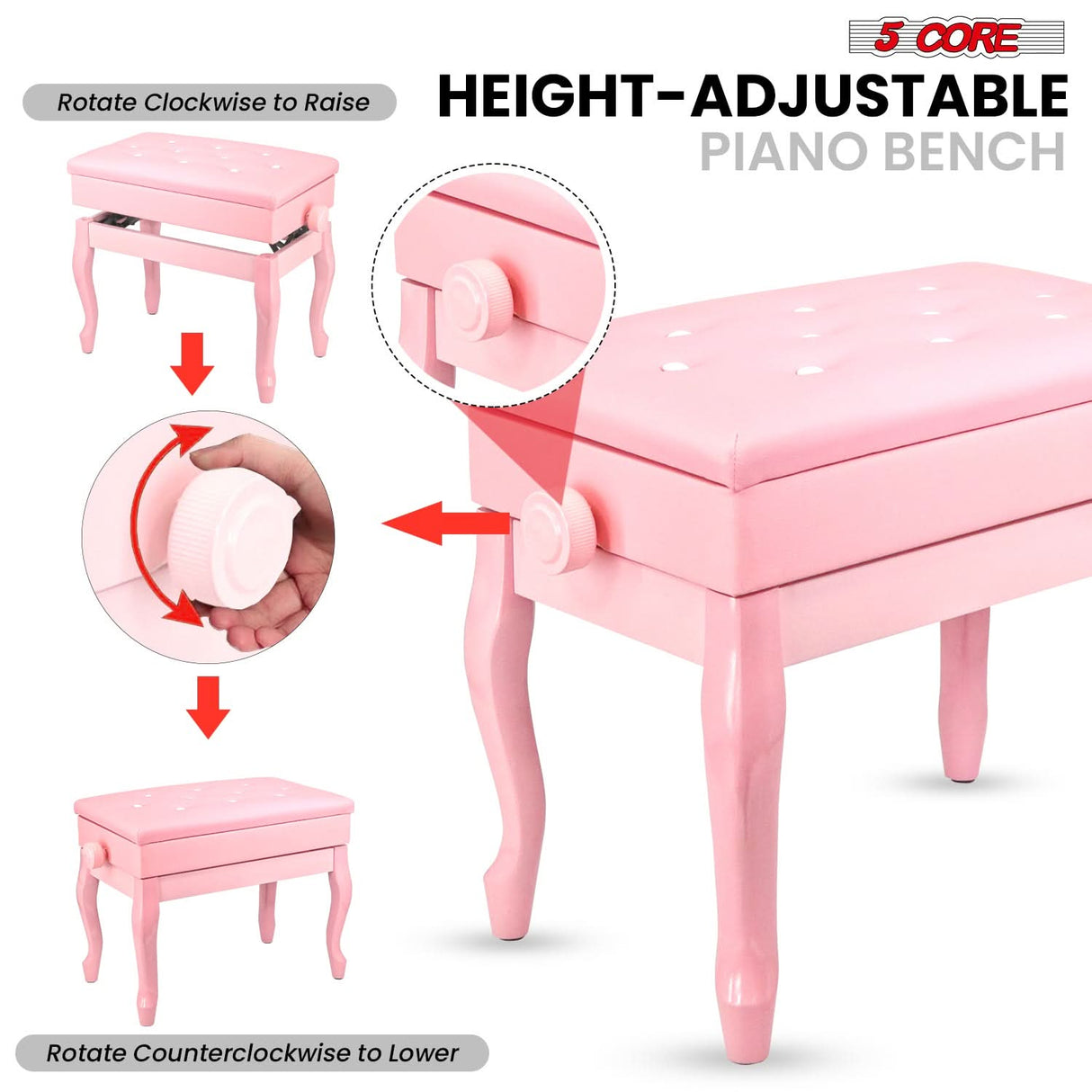 5 Core Piano Bench 3" Padded Cushioned Stool Wooden Heavy Duty Adjustable Musician Chair w Storage