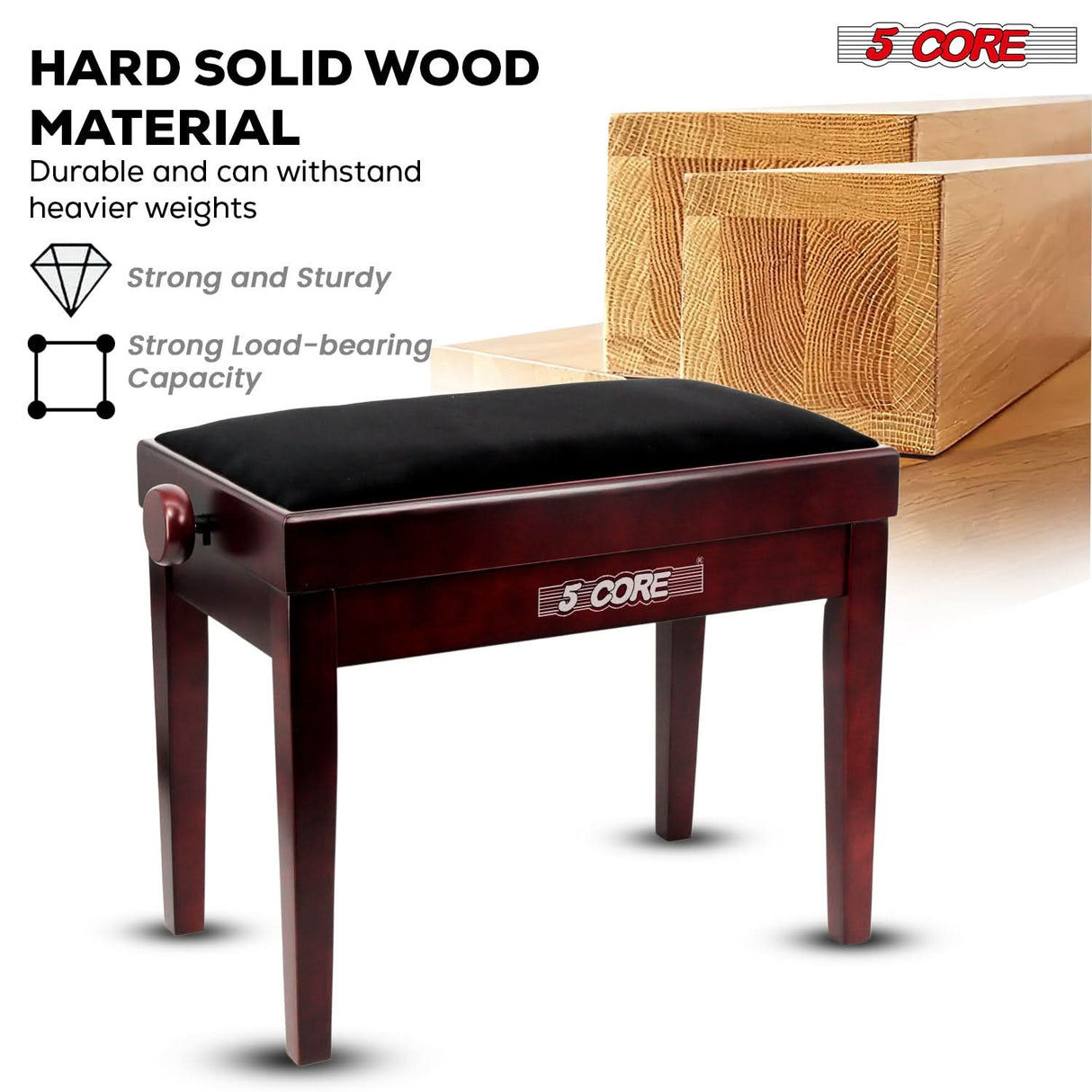 5 Core Adjustable Piano Bench Thick 3.25" Solid Wood Keyboard Stool Heavy Duty Musician Chair