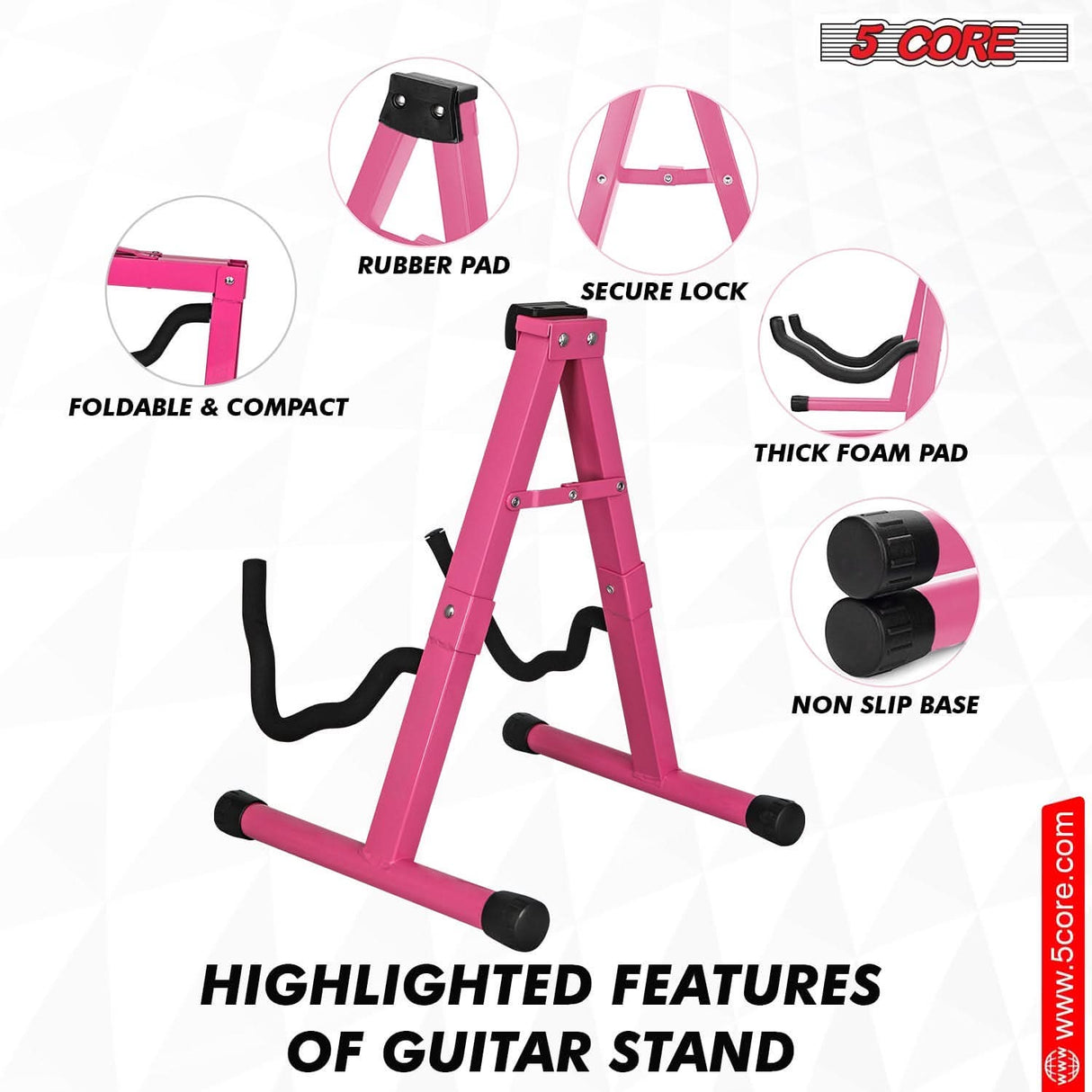 Durable 5Core guitar stand in pink with foldable support design