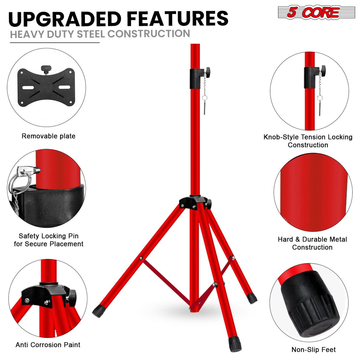 5 Core Speaker Stand Adjustable 31 to 54" PA DJ Tripod Stands Heavy Duty w 35mm Insert 132 Lbs