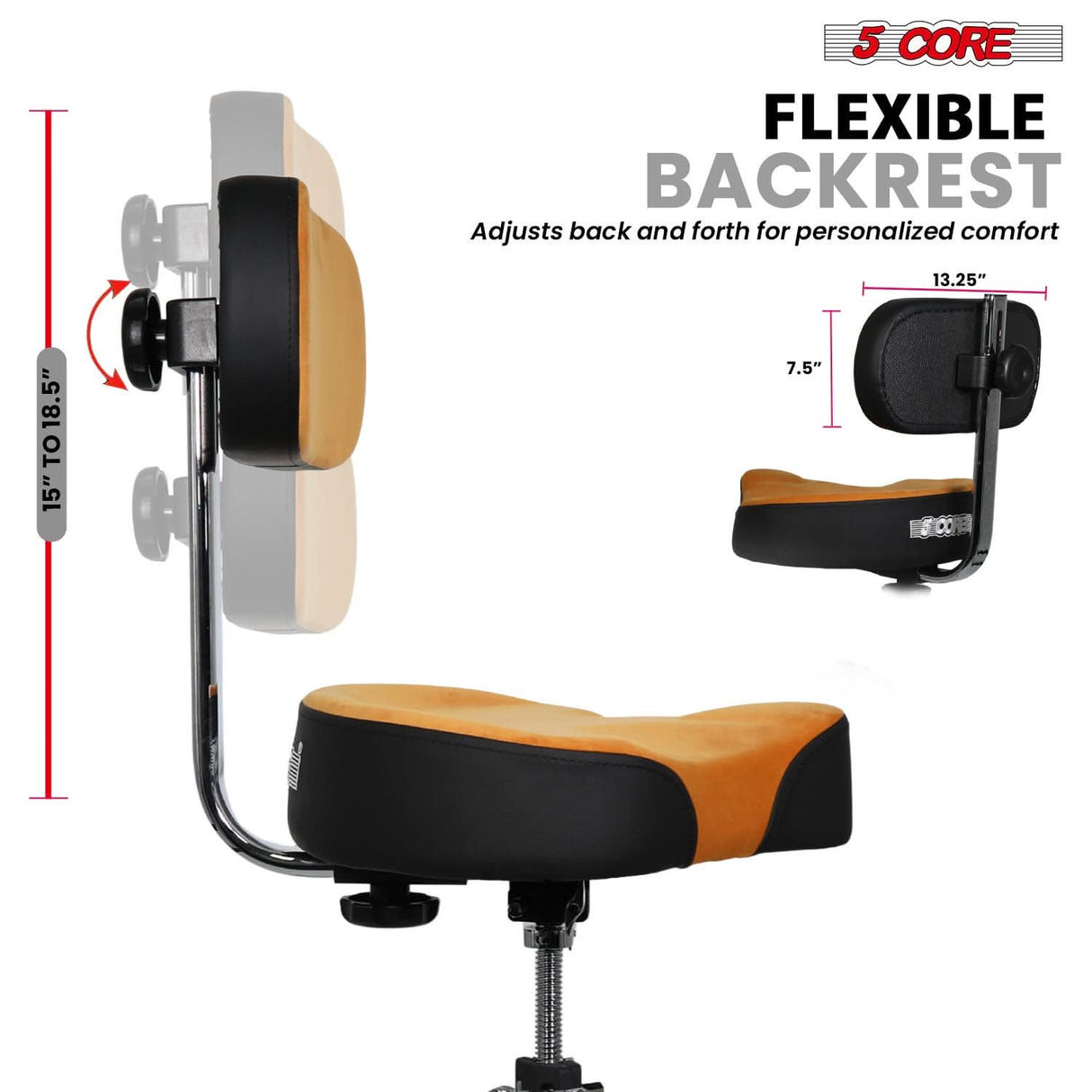 5 Core Drum Throne w Backrest 4" Padded Adjustable 26.5" Drummer Stool w Velvet Top 441Lb Capacity