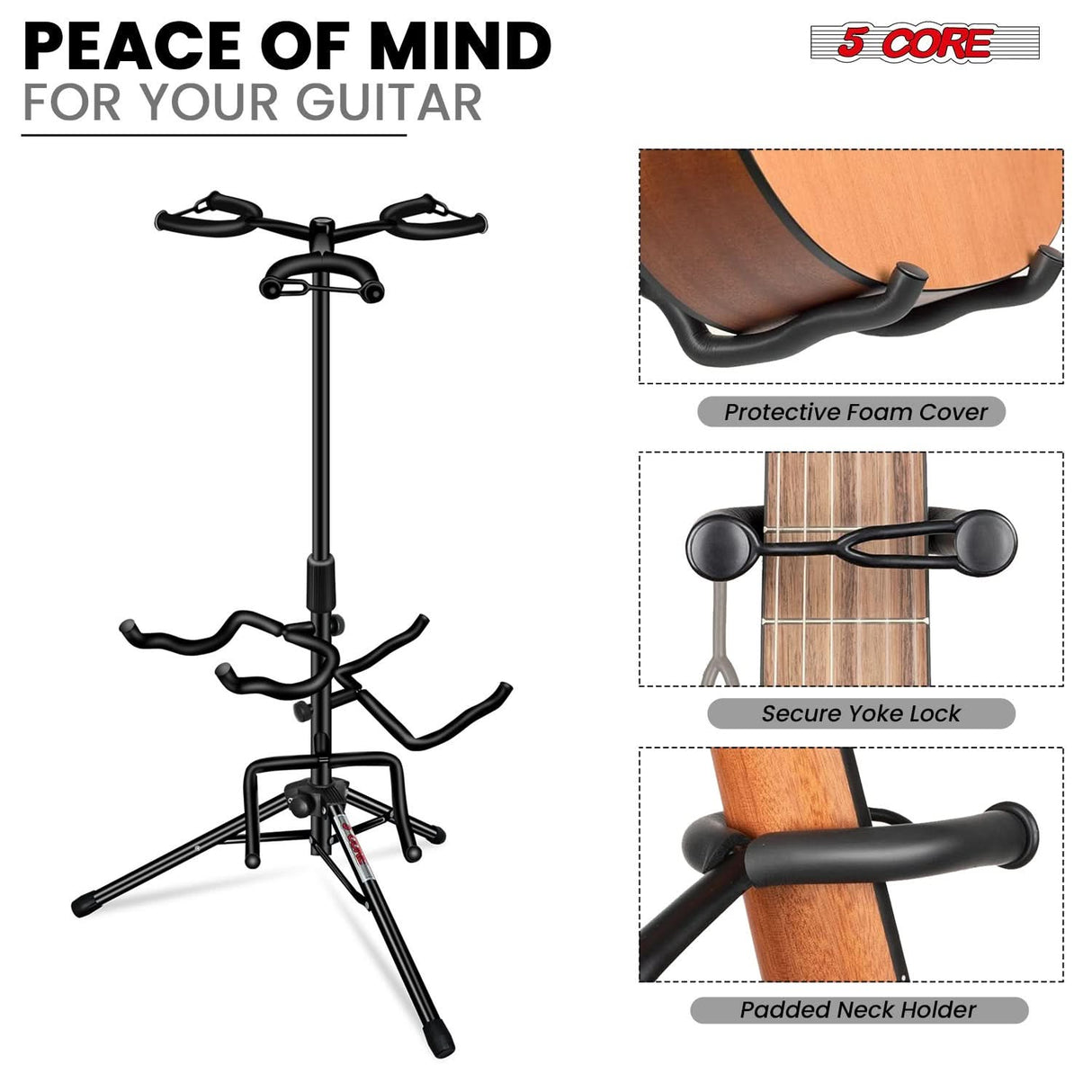 5 Core Guitar Stand Adjustable Triple Guitars Stands Floor w Neck Holder for Acoustic Electric Bass