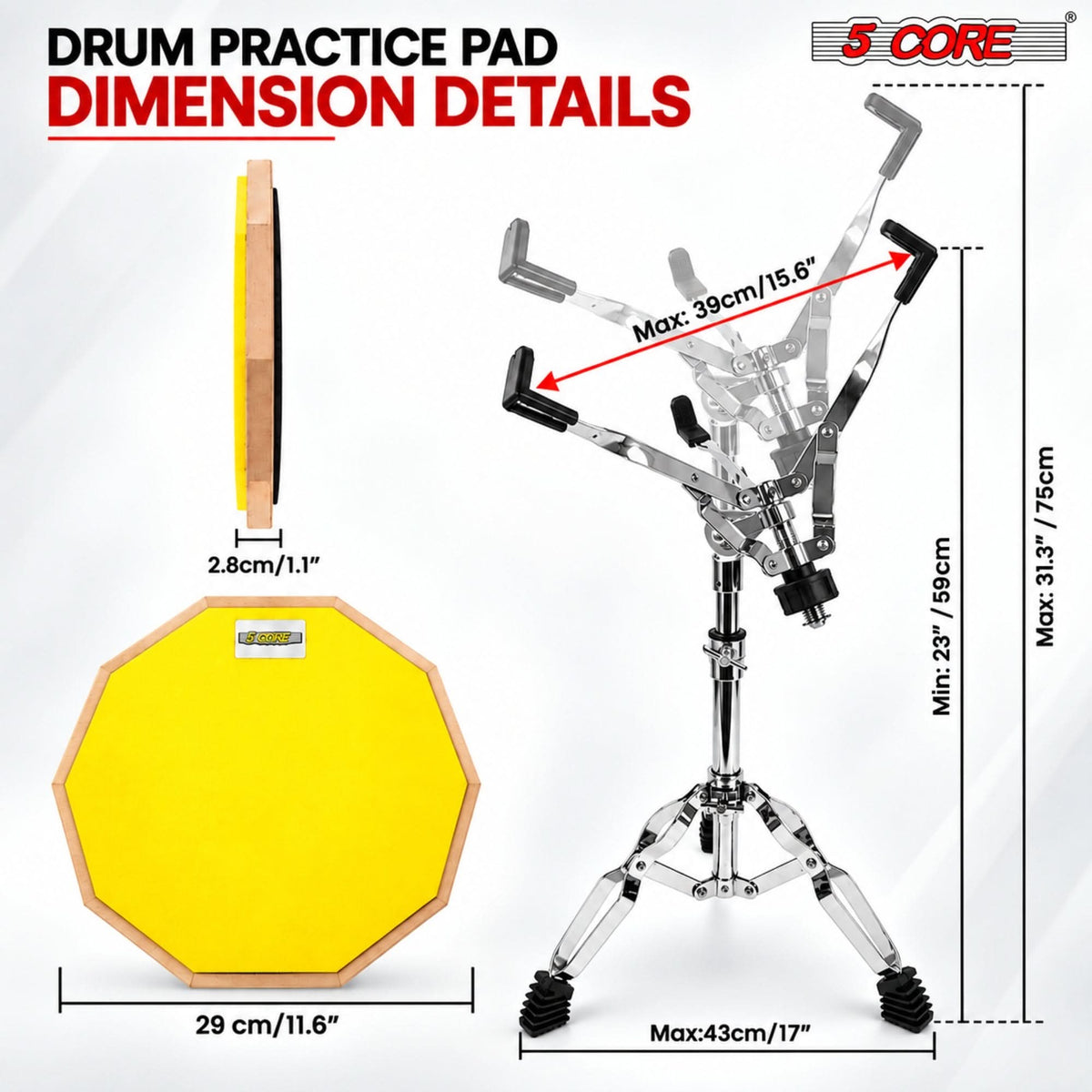 5 Core Drum Practice Pad Set 12" Snare Drumming Stand 2 Sided Drummer Kit