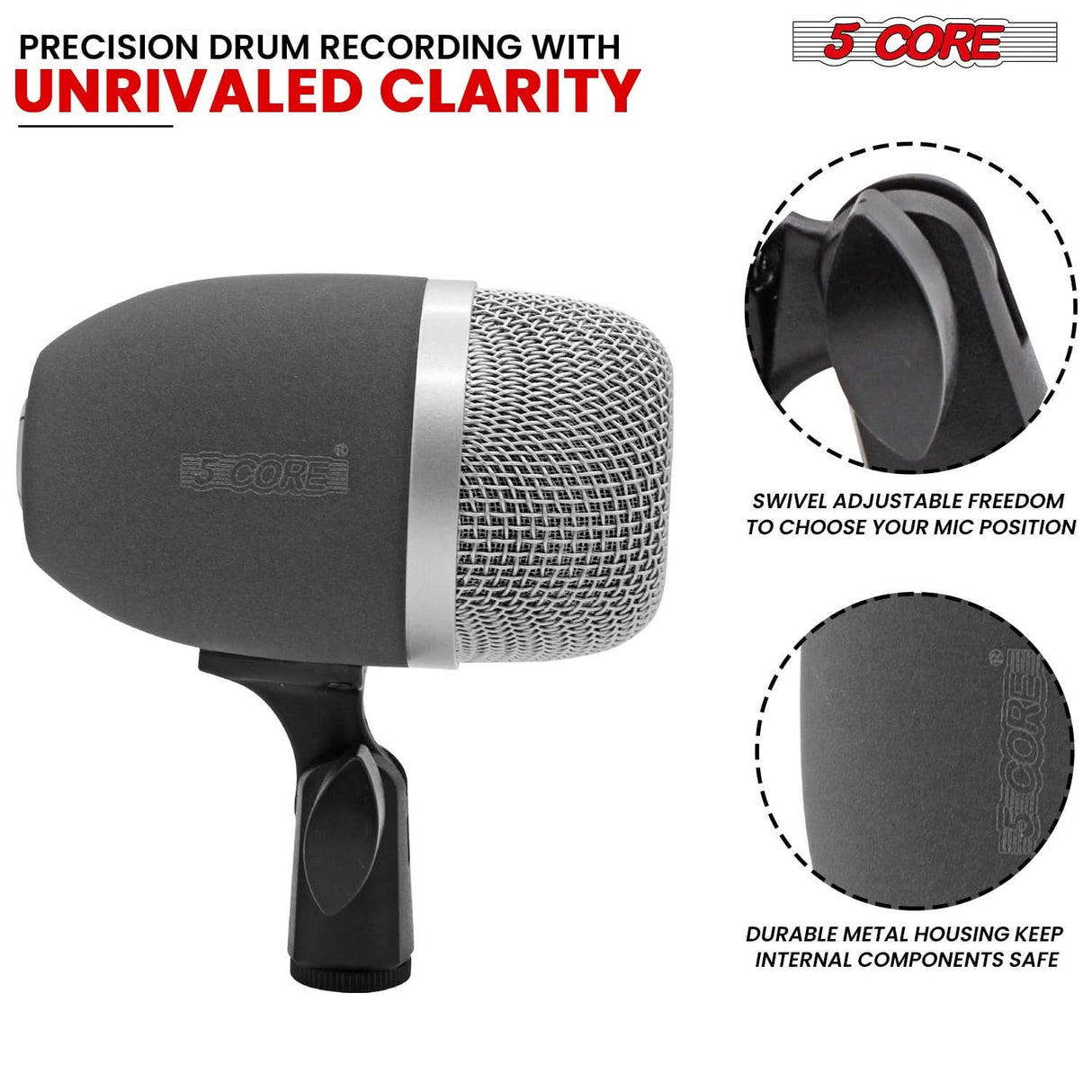 5 Core Kick Drum Microphone Cardioid Dynamic Bass Mic Swivel Adjustable Durable Steel Mesh Grille