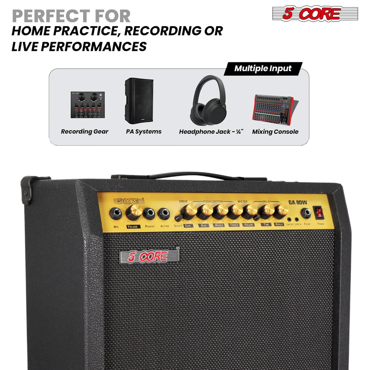 5 Core Guitar Amplifier 80 Watt Electric Amp w Built in 10" Speaker Portable Mini Practice Amps