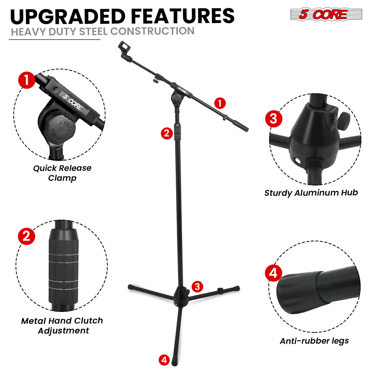 5 Core Mic Stand Adjustable 82" Microphone Stands Floor w 180° Rotating Telescoping Metal Boom Arm