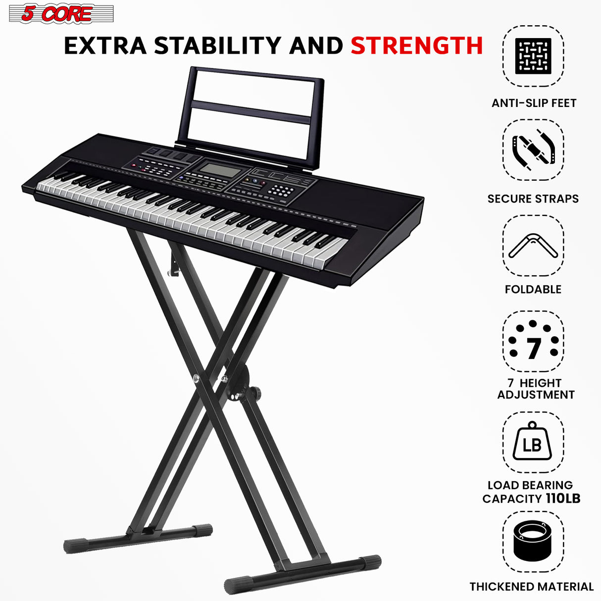 5 Core Keyboard Stand Piano Bench Combo Adjustable Key Board Stands 3" Padded Musician Chair Set