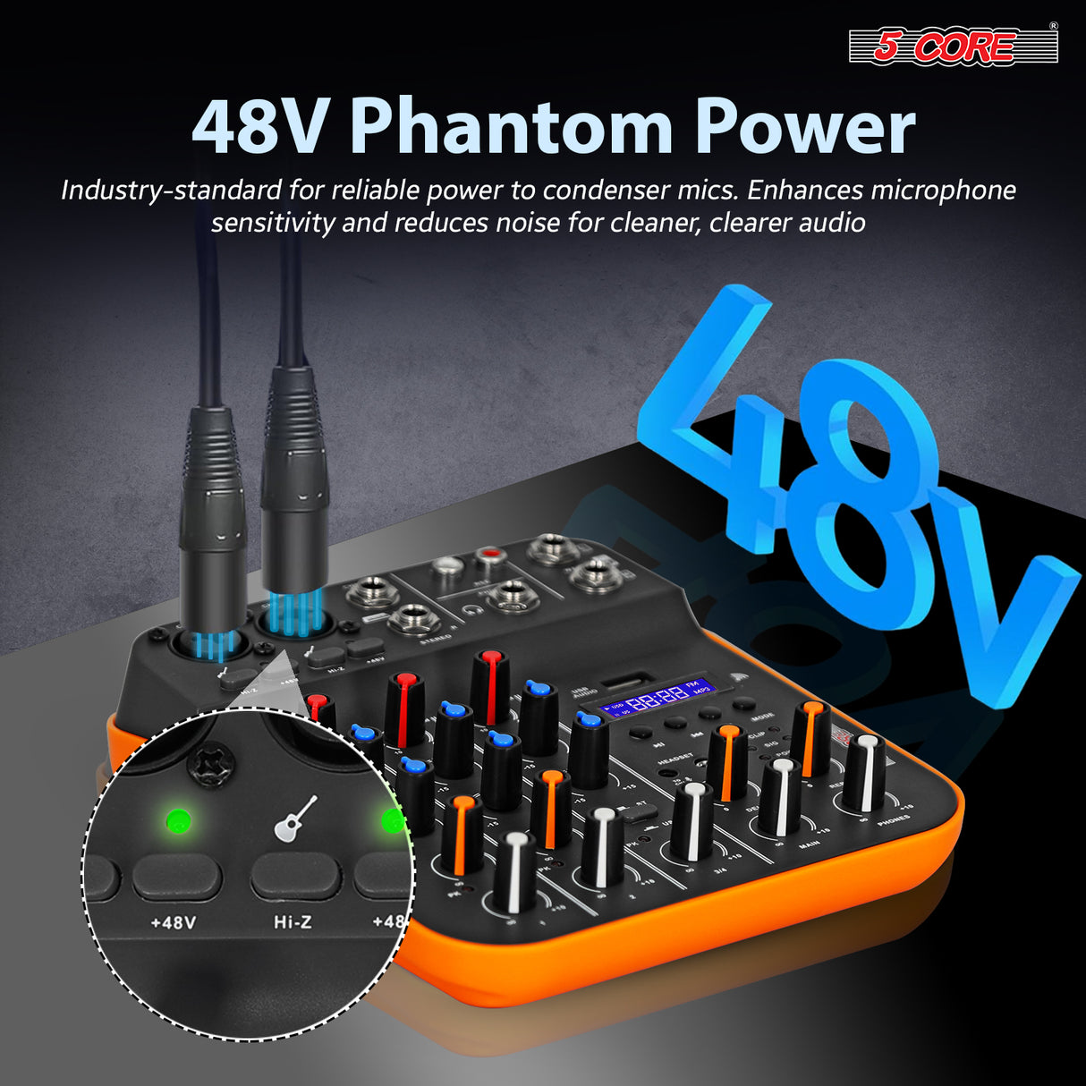 5Core Audio Mixer 4 Channel DJ Soundboard USB Interface Bluetooth Mixing Console w Repeat Delay +48V