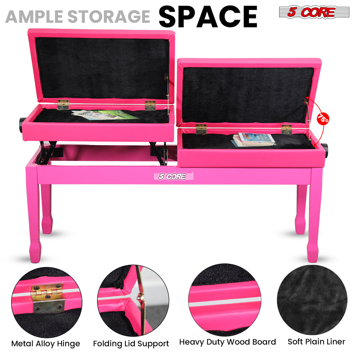 5 Core Duet Piano Bench 3.5 Inch Padded Cushioned Stool Wooden Heavy Duty Musician Chair w Storage