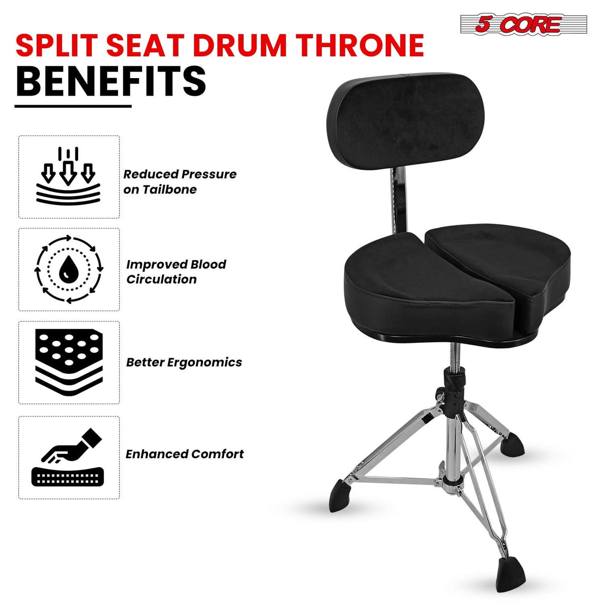 5Core Drum Throne Padded Guitar Stool Backrest Drummer Seat for Adults & Kids