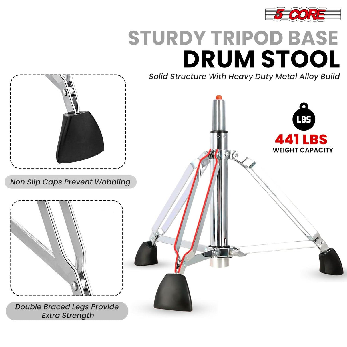 5 Core Drum Throne w Backrest 4" Padded Stool Airlift Adjustable 25.5" Drummer Chair 441Lb Capacity