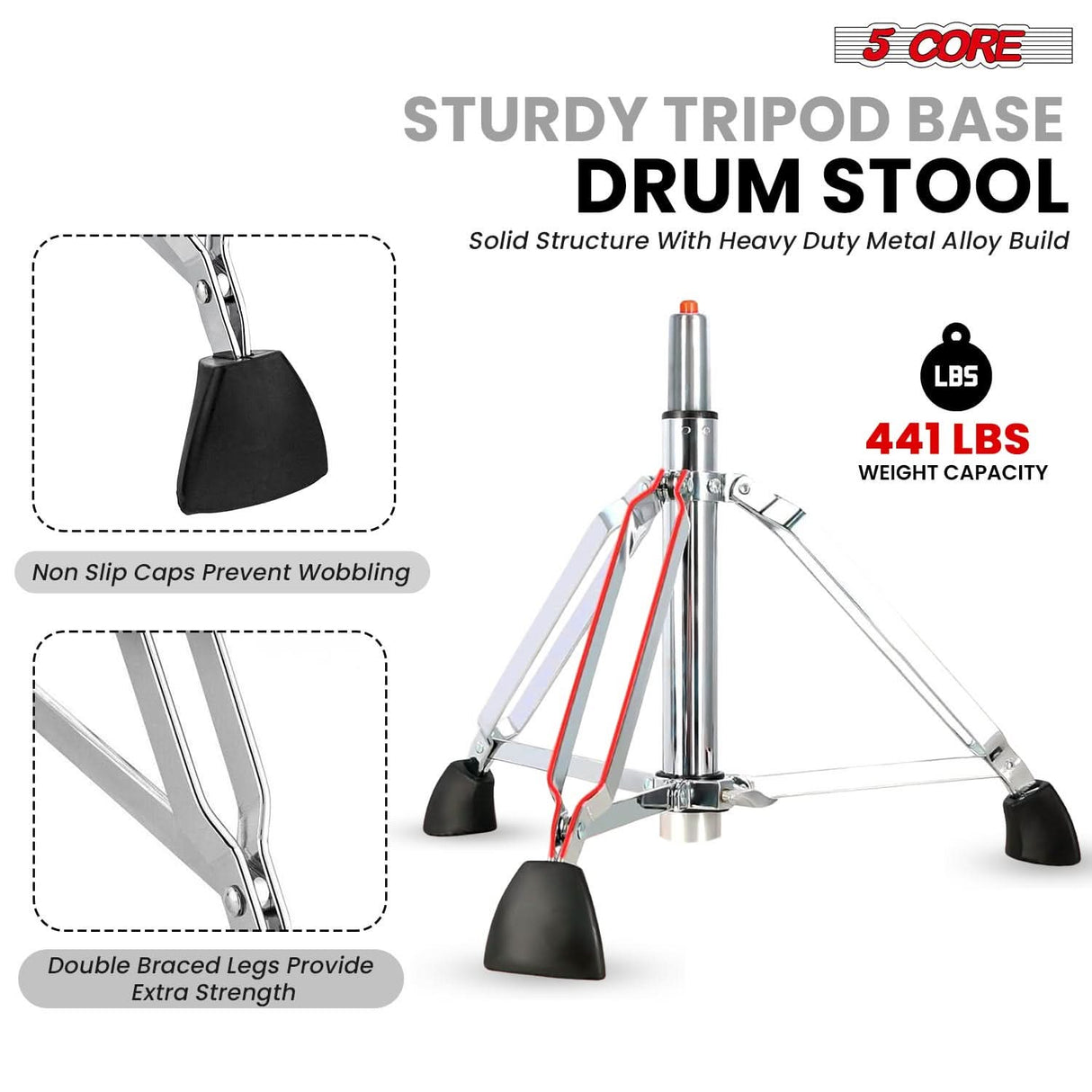 5 Core Drum Throne w Backrest 4" Padded Stool Airlift Adjustable 25.5" Drummer Chair 441Lb Capacity