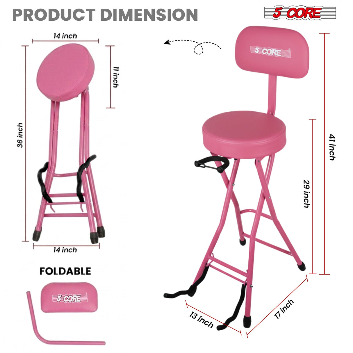 5Core Guitar Stool 3.15" Padded Chair w Backrest Foldable Music Seat Built in Foot Rest Guitar Stand