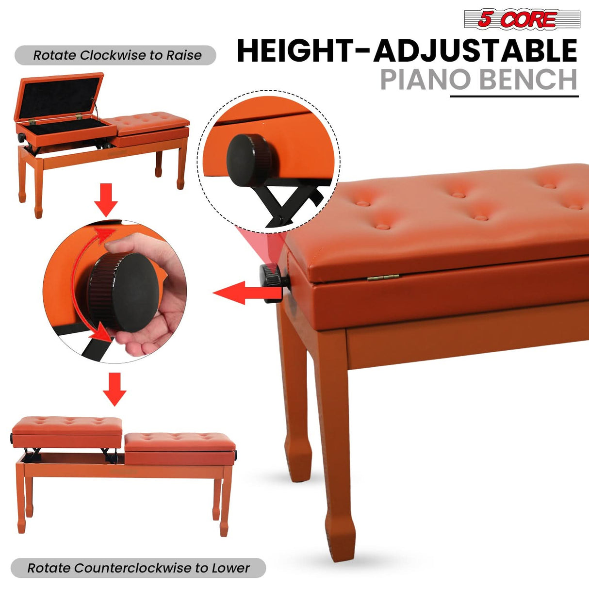 5 Core Duet Piano Bench 3.5 Inch Padded Cushioned Stool Wooden Heavy Duty Musician Chair w Storage