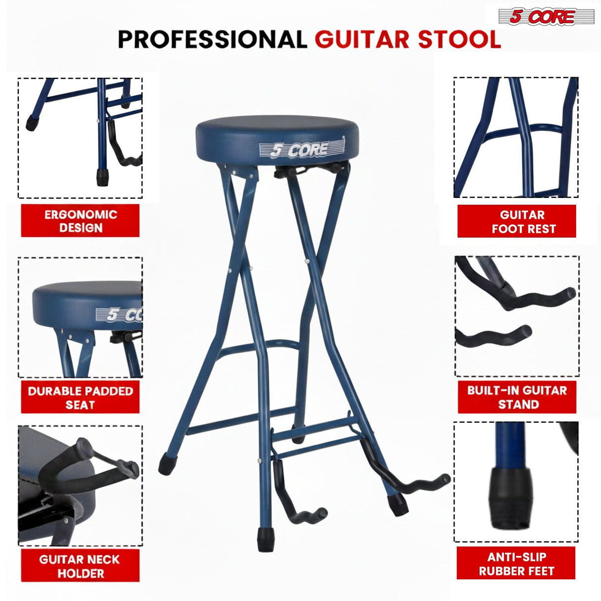 5Core Guitar Stool 3.15" Padded Chair Foldable Heavy Duty Music Seat Built in Foot Rest Guitar Stand