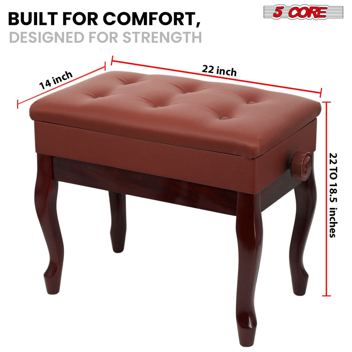 5 Core Piano Bench 3" Padded Cushioned Stool Wooden Heavy Duty Adjustable Musician Chair w Storage