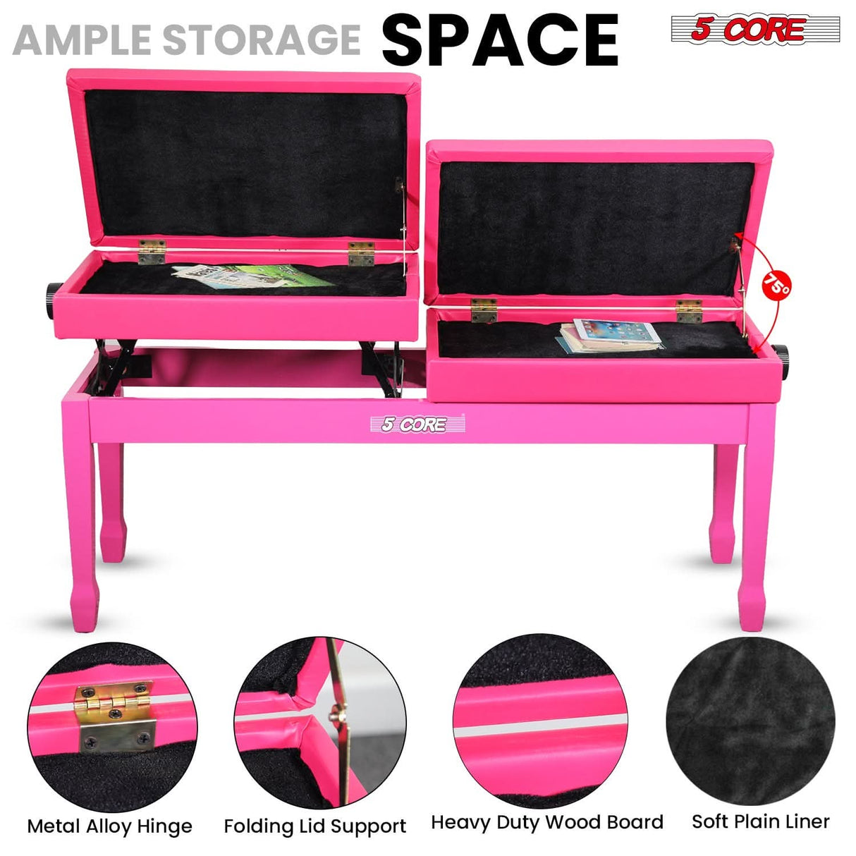 5 Core Duet Piano Bench 3.5 Inch Padded Cushioned Stool Wooden Heavy Duty Musician Chair w Storage