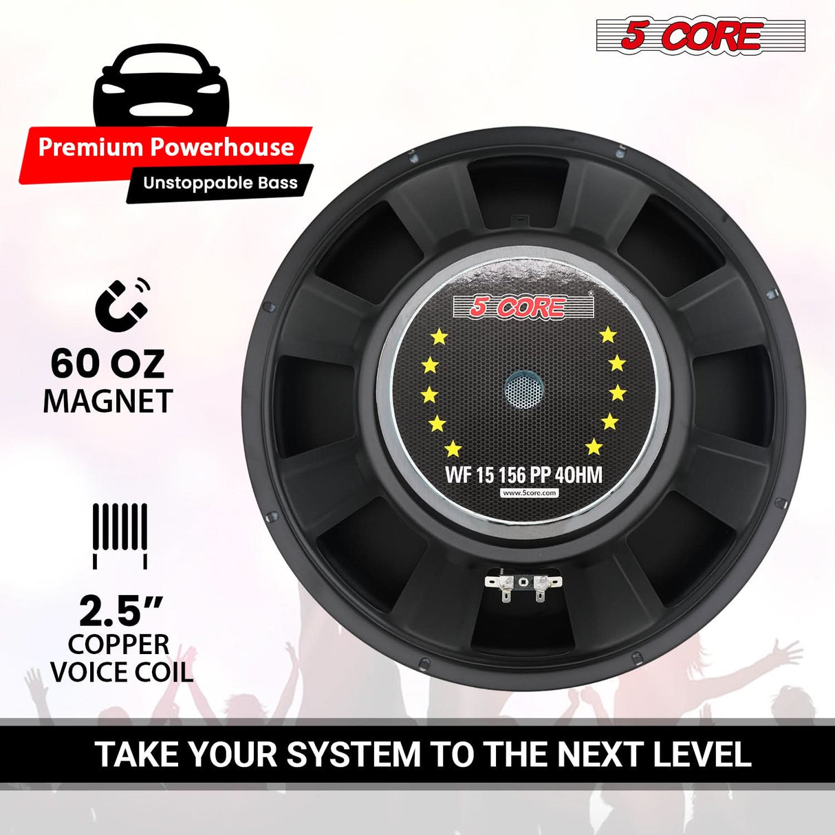 5 Core 15 Inch Woofer Pair 500W Car Subwoofer 4Ohm Replacement Deep Sub w Poly Cone
