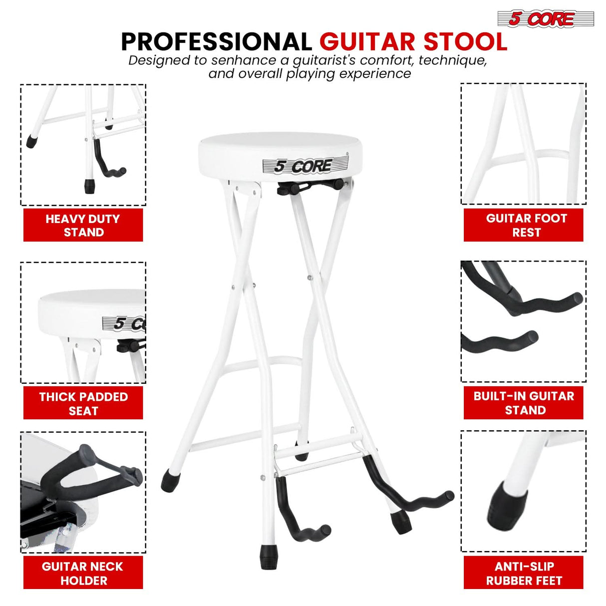 5Core Guitar Stool 3.15" Padded Chair Foldable Heavy Duty Music Seat Built in Foot Rest Guitar Stand