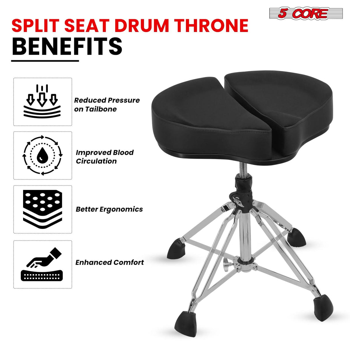 5 Core Drum Throne 5" Padded Split Spine Support 4 Legged 441Lb Capacity Drummer Stool