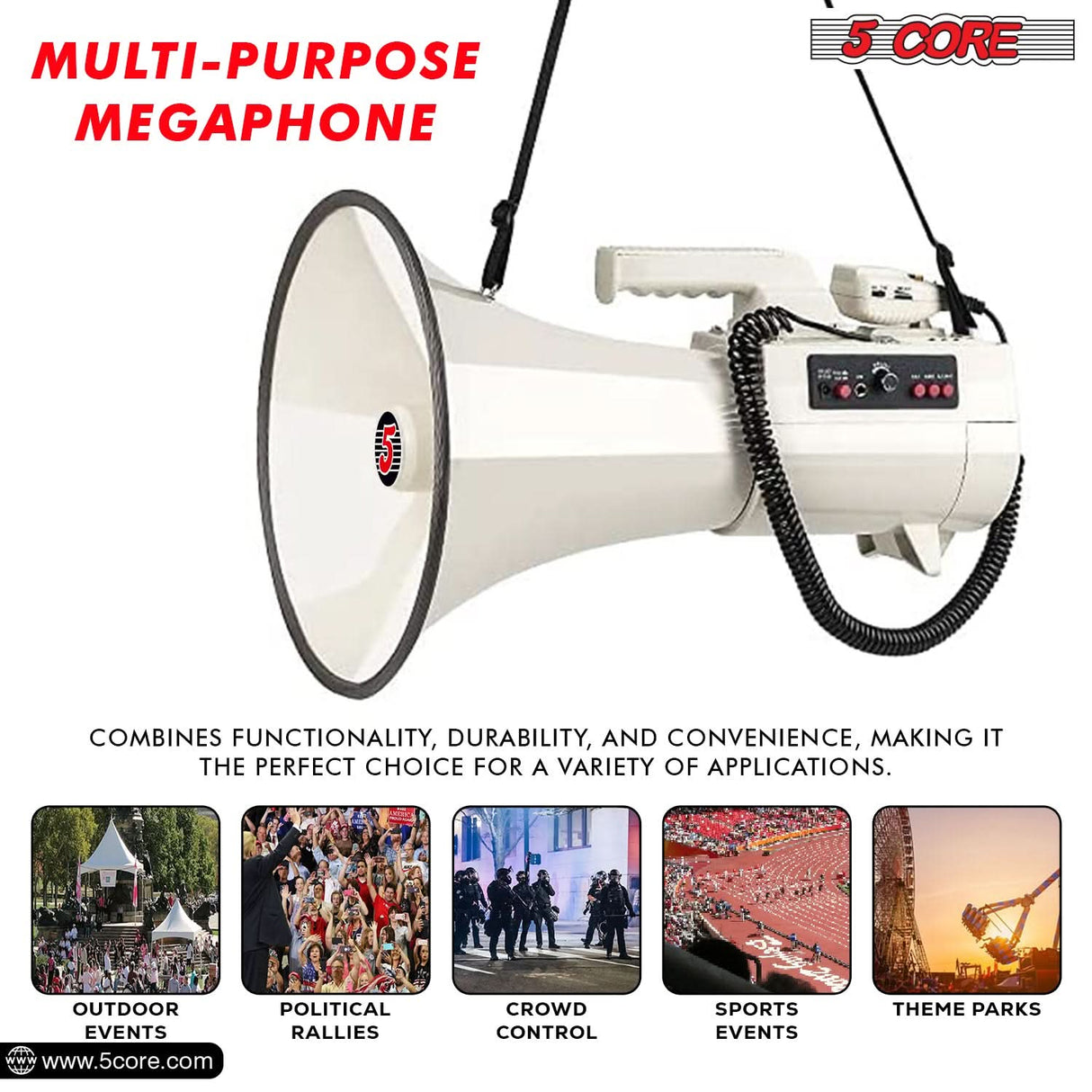 5Core Megaphone Bullhorn Speaker 100W Professional Bull Horn Battery Power Megafono 2000Yard Range