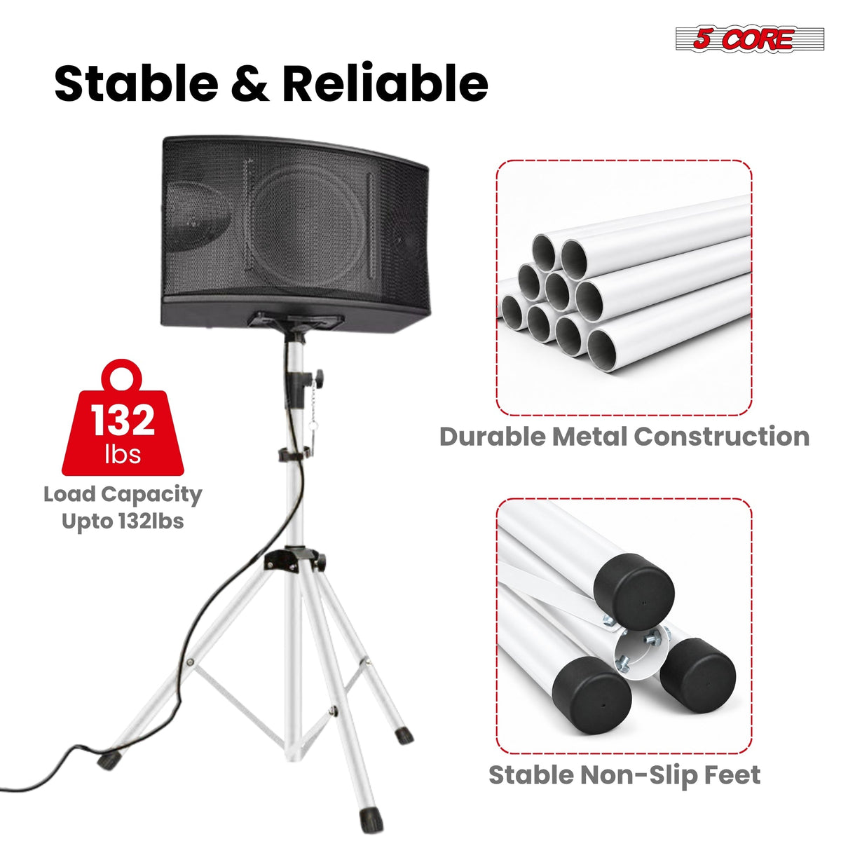 5 Core Speaker Stand Adjustable PA DJ Tripod Stands w 35mm Pole 132 Lbs Capacity