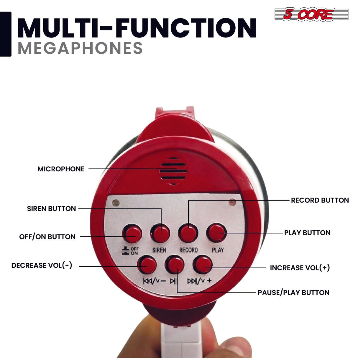 5 Core Megaphone 30W Bull Horn PA Speaker w 800 Yards Range Loud Siren Voice Amp