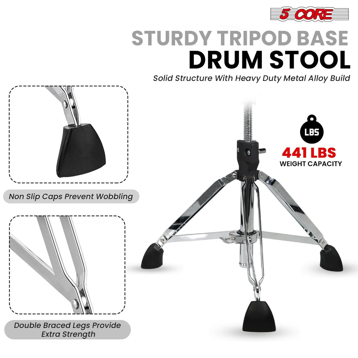 5 Core Drum Throne w Backrest 4" Padded Adjustable 26.5" Drummer Chair w Velvet Top 441Lb Capacity