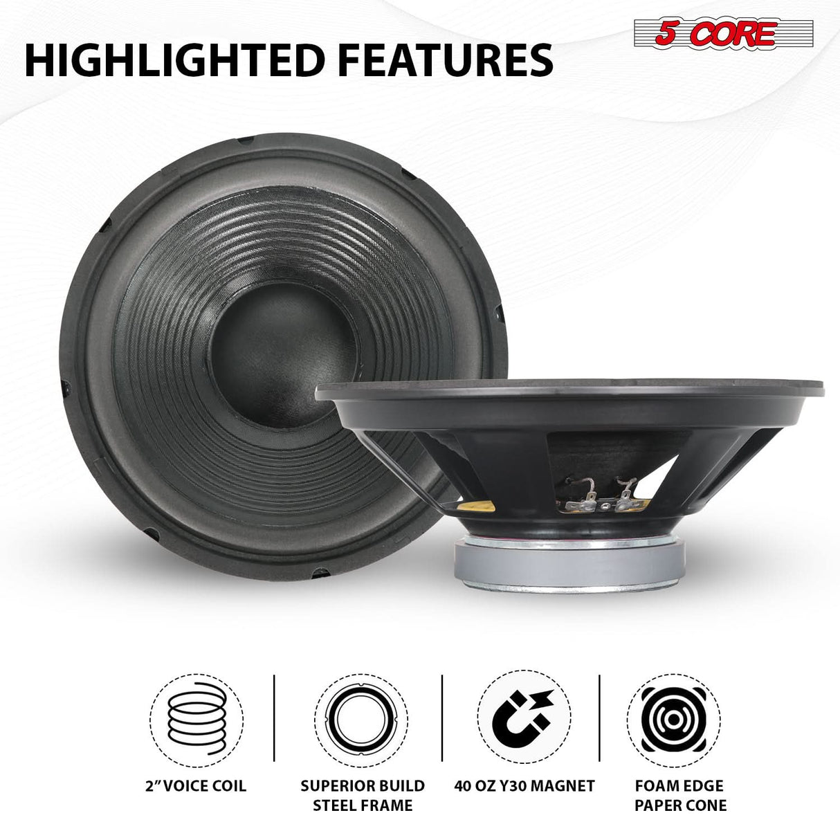 5 Core Car Subwoofer 2Pc 300W 12" Deep Bass Replacement Speaker 4Ohm 40 - 3.5 KHz Component Sub Woofer