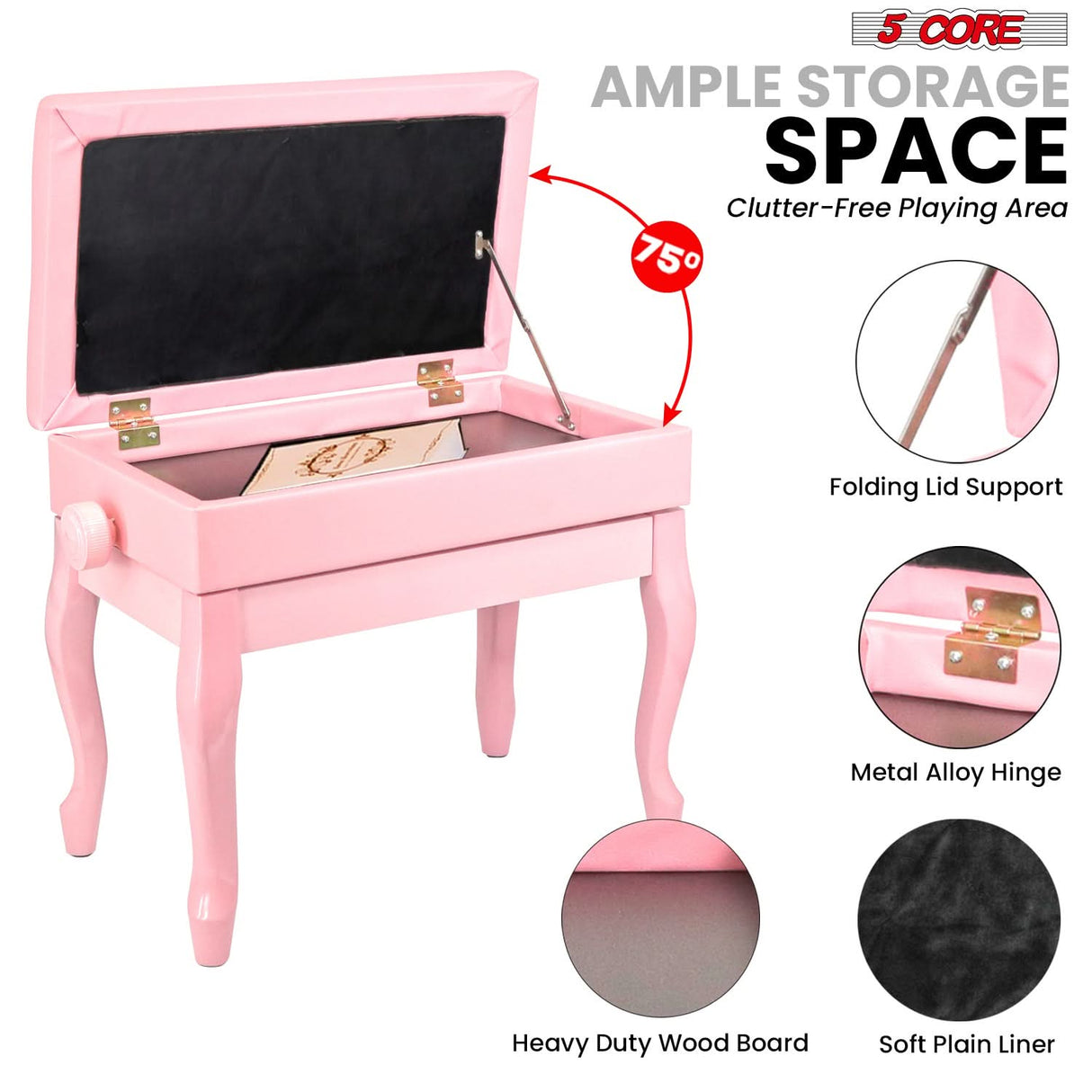 5 Core Piano Bench 3" Padded Cushioned Stool Wooden Heavy Duty Adjustable Musician Chair w Storage