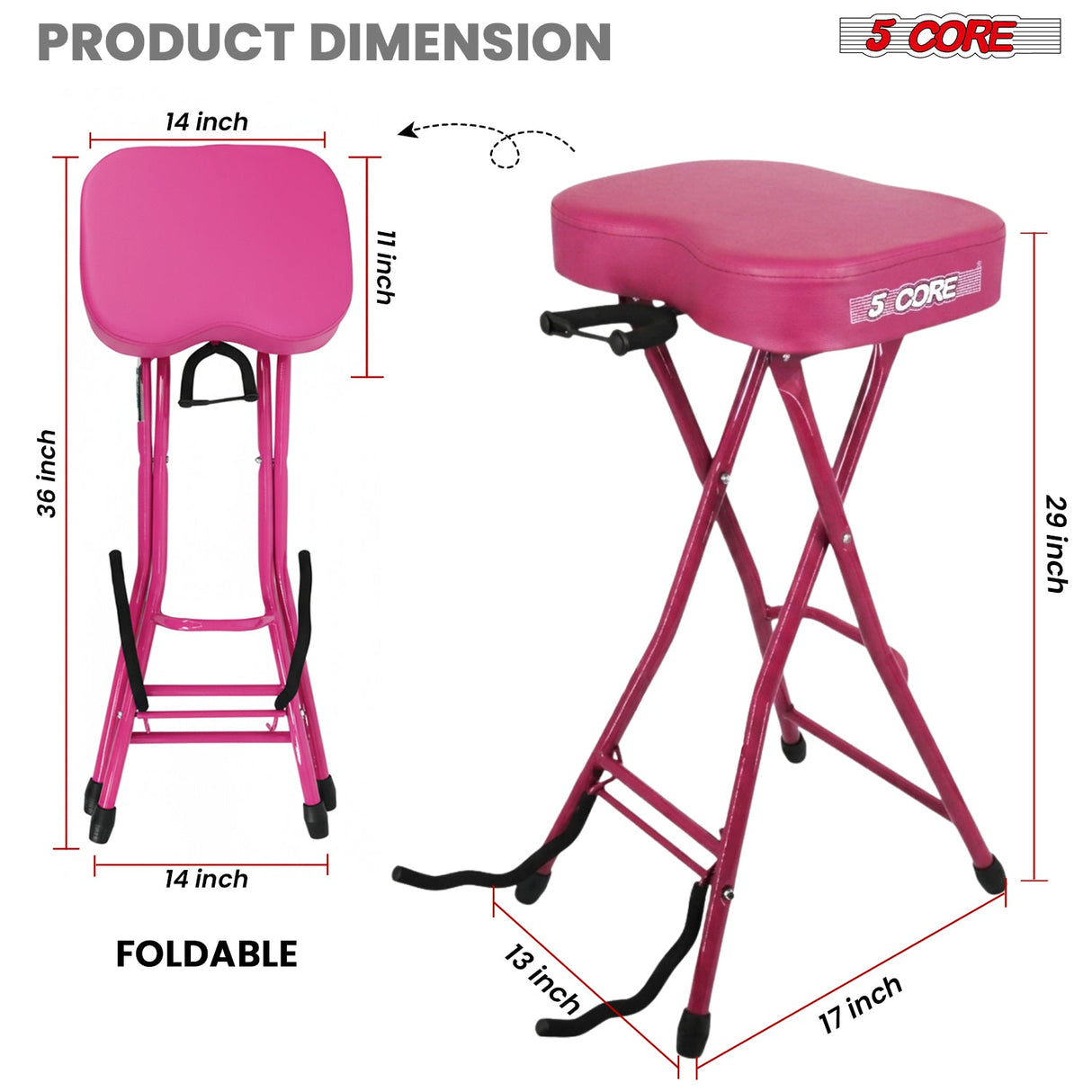 5 Core Guitar Stool 3.15" Padded Chair Foldable Music Seat w Built in Foot Rest Guitar Stand